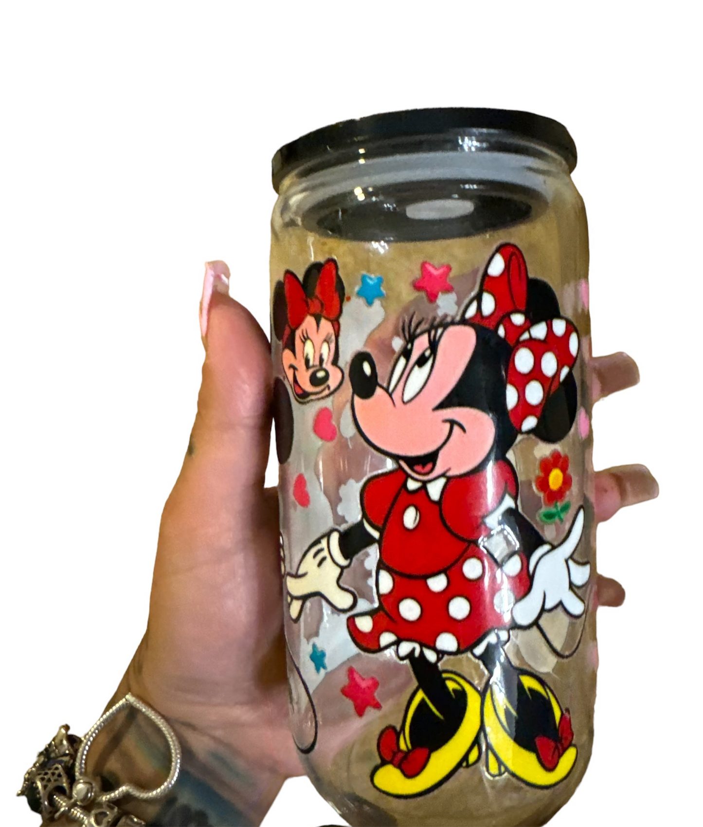 16oz Mickey Mouse glass cup with decorated rhinestones/stars lid