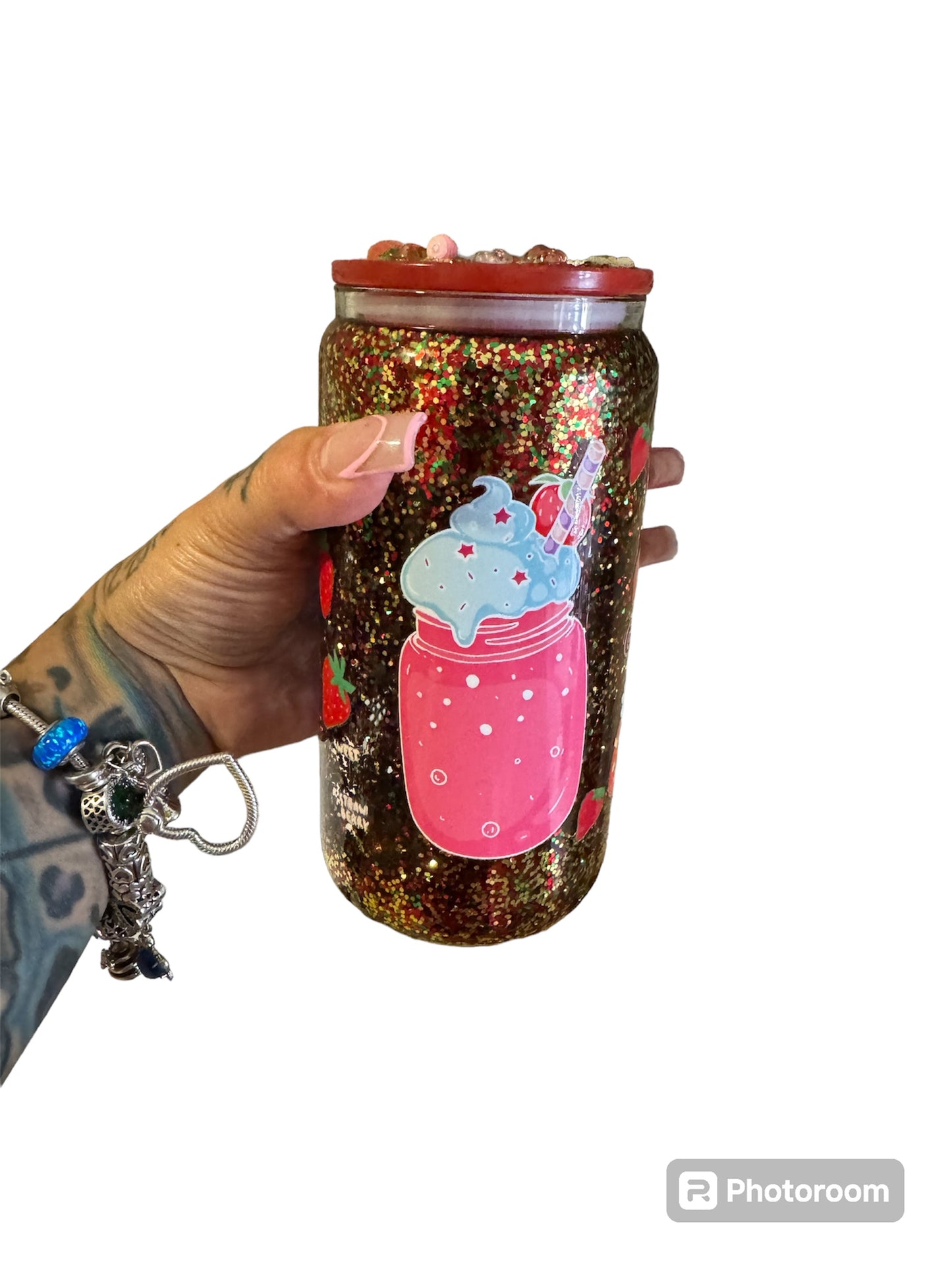 Strawberry snowglobe cup with decorated lid