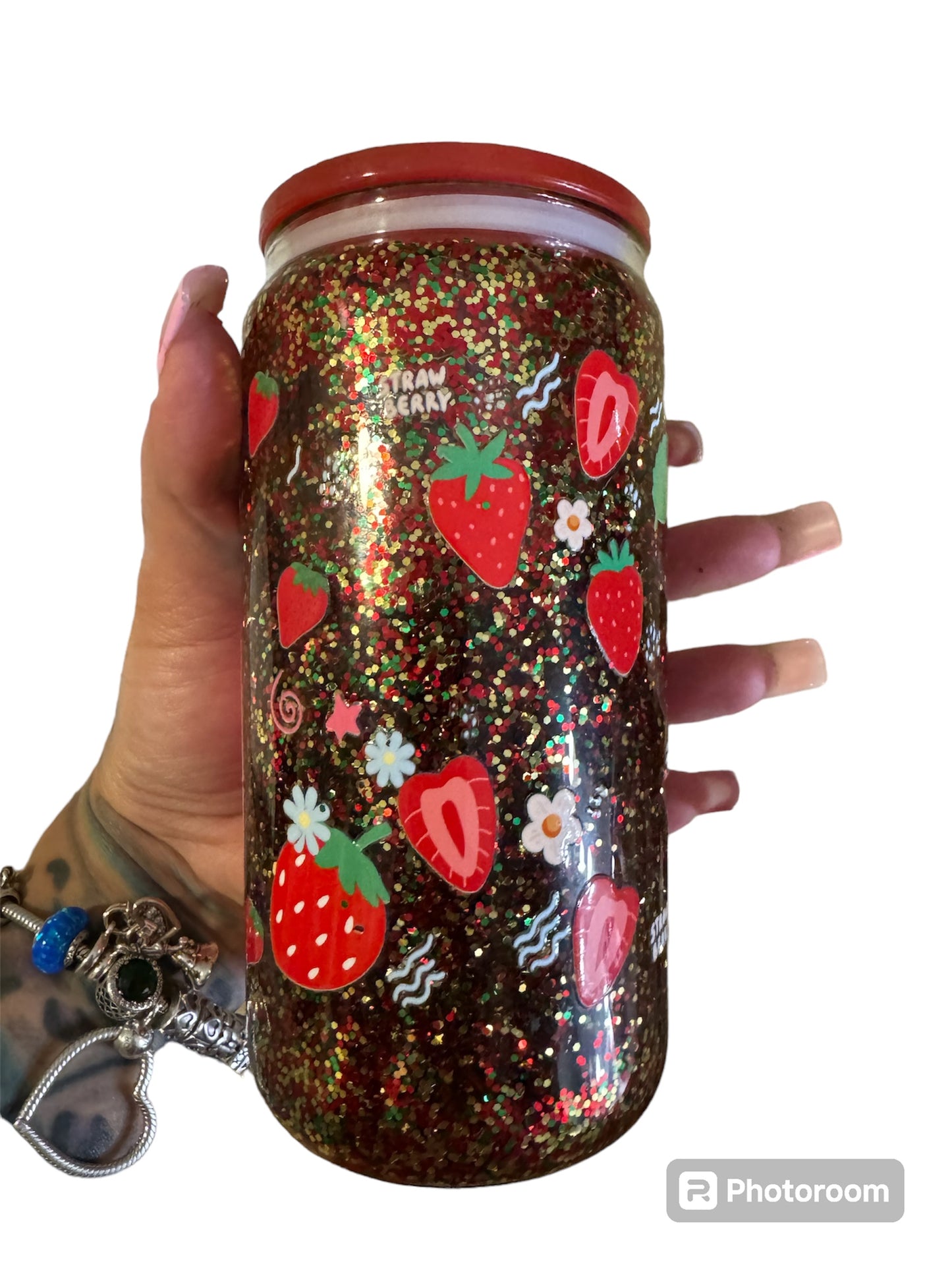 Strawberry snowglobe cup with decorated lid