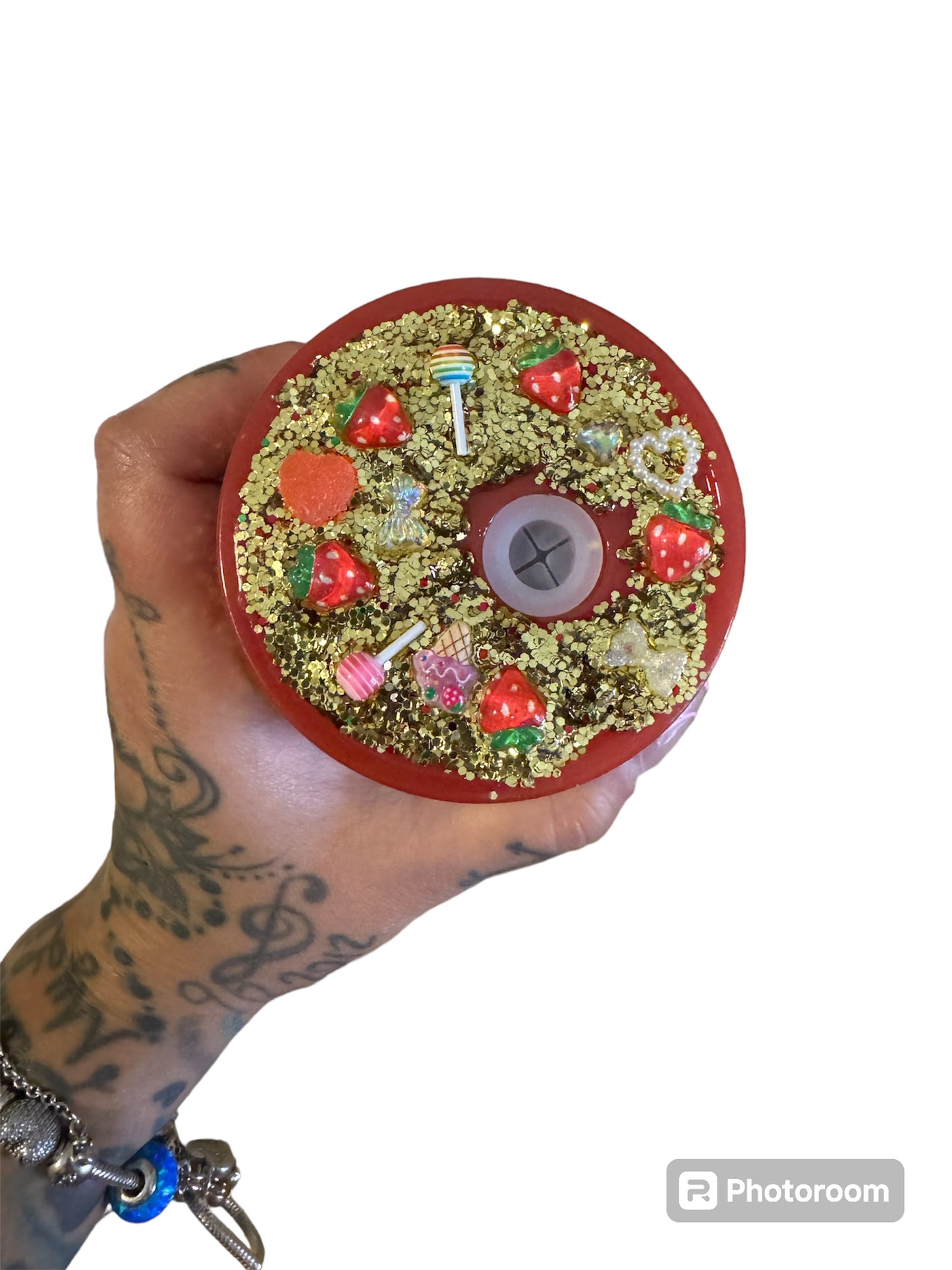 Strawberry snowglobe cup with decorated lid