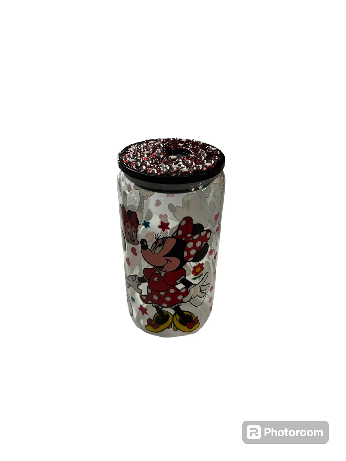 16oz Mickey Mouse glass cup with decorated rhinestones/stars lid