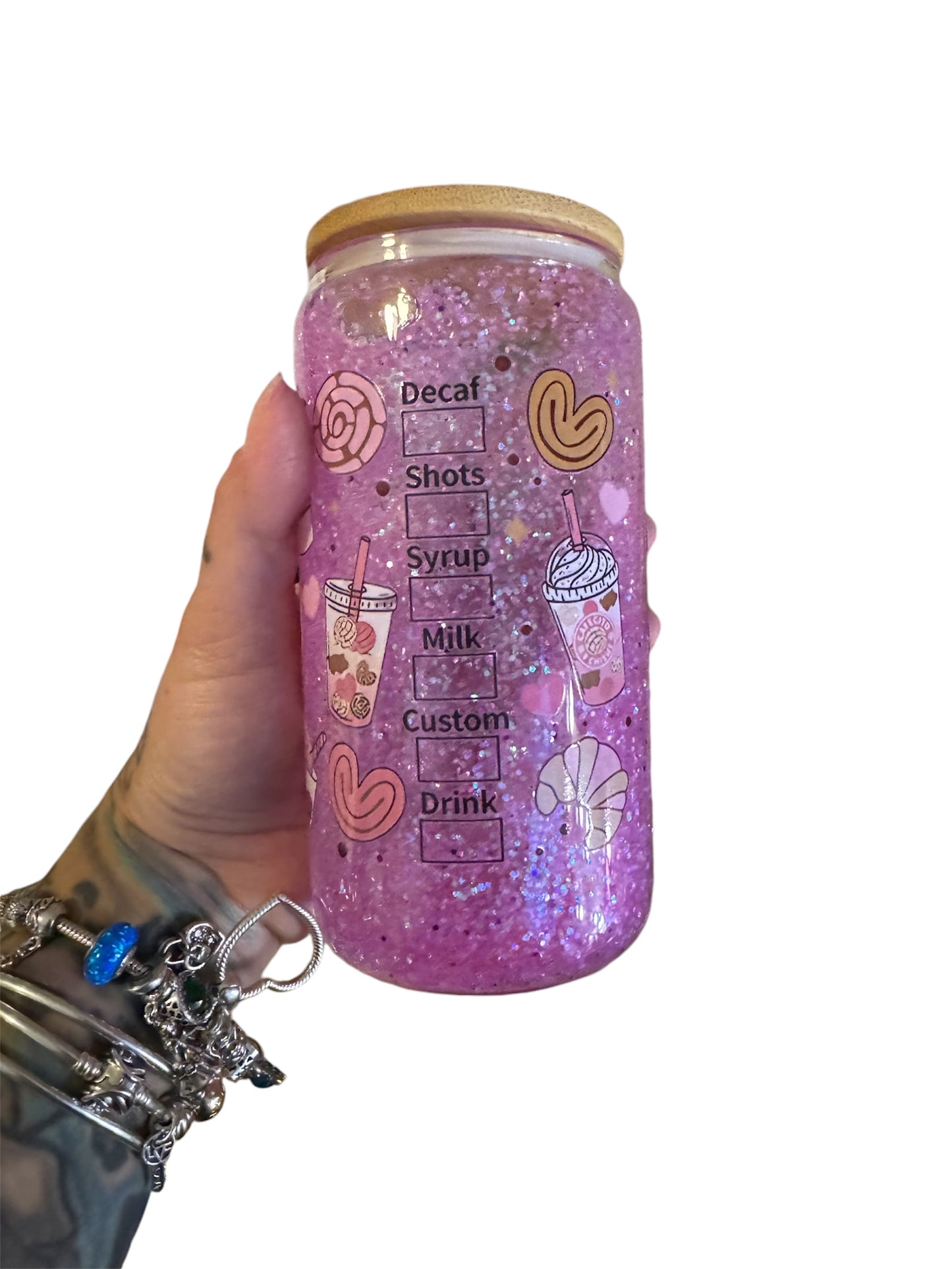 16oz pink cafecito y chisme snowglobe cup