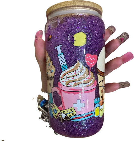 16oz snowglobe nursing theme glass cup