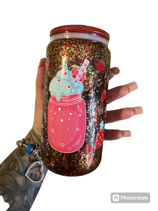 Strawberry snowglobe cup with decorated lid