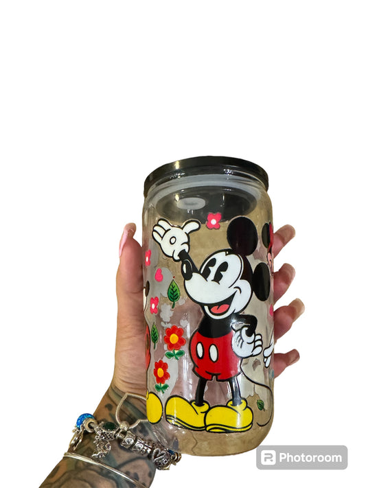 16oz Mickey Mouse glass cup with decorated rhinestones/stars lid