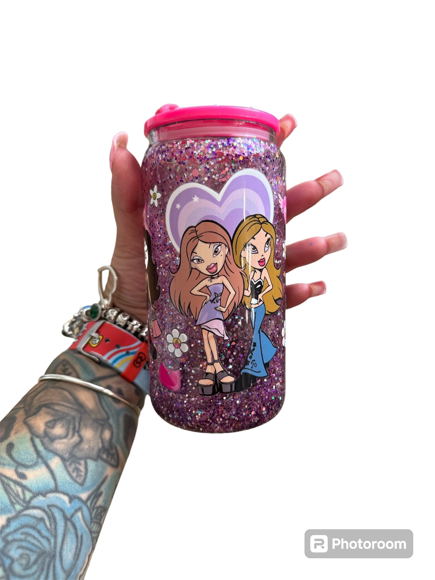 16oz Snowglobe Bratz doll cup with decorated acrylic lid
