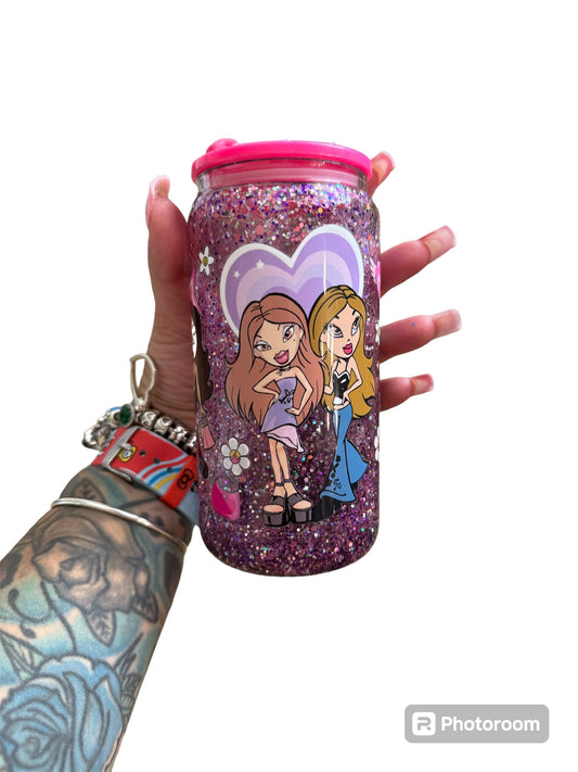 16oz Snowglobe Bratz doll cup with decorated acrylic lid