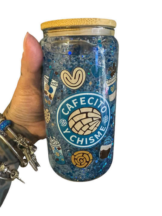 16oz blue cafecito y chisme snowglobe cup