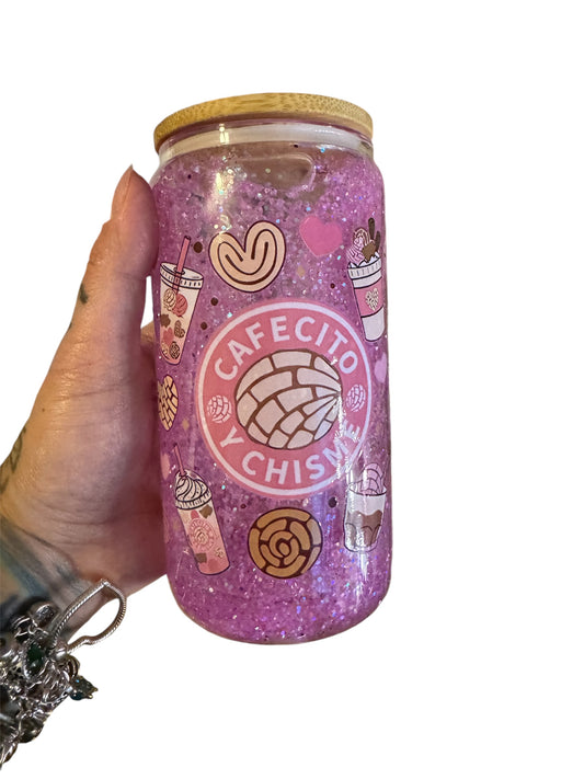 16oz pink cafecito y chisme snowglobe cup