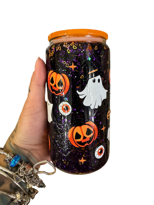 16oz Halloween ghost/pumpkin snowglobe cup w/acrylic lid