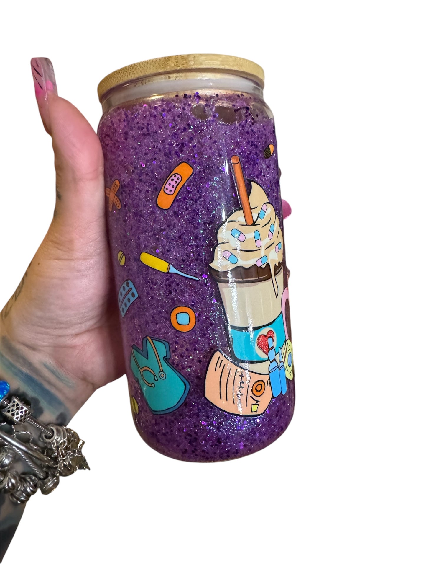 16oz snowglobe nursing theme glass cup