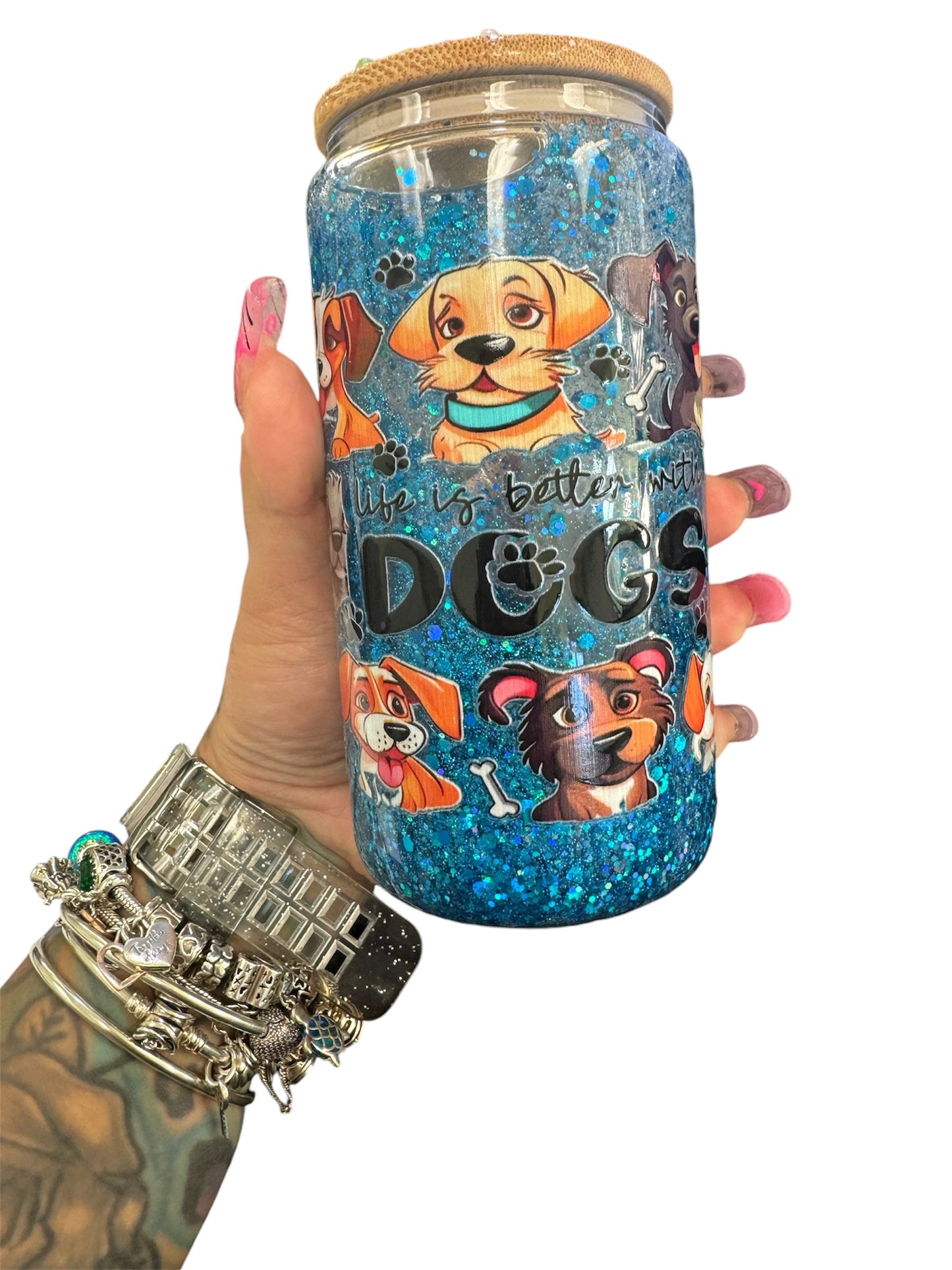 16oz dog theme snowglobe glass cup w/decorated lid