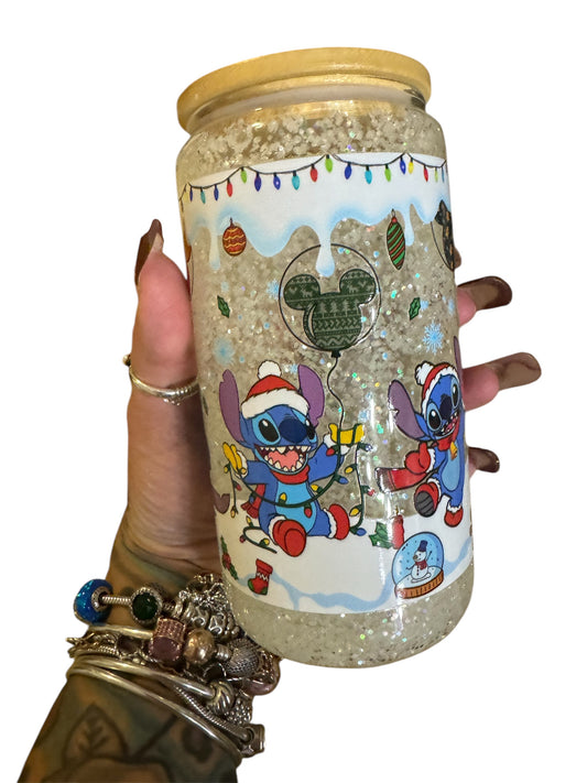 16oz Snowglobe Stitch custom glass cup